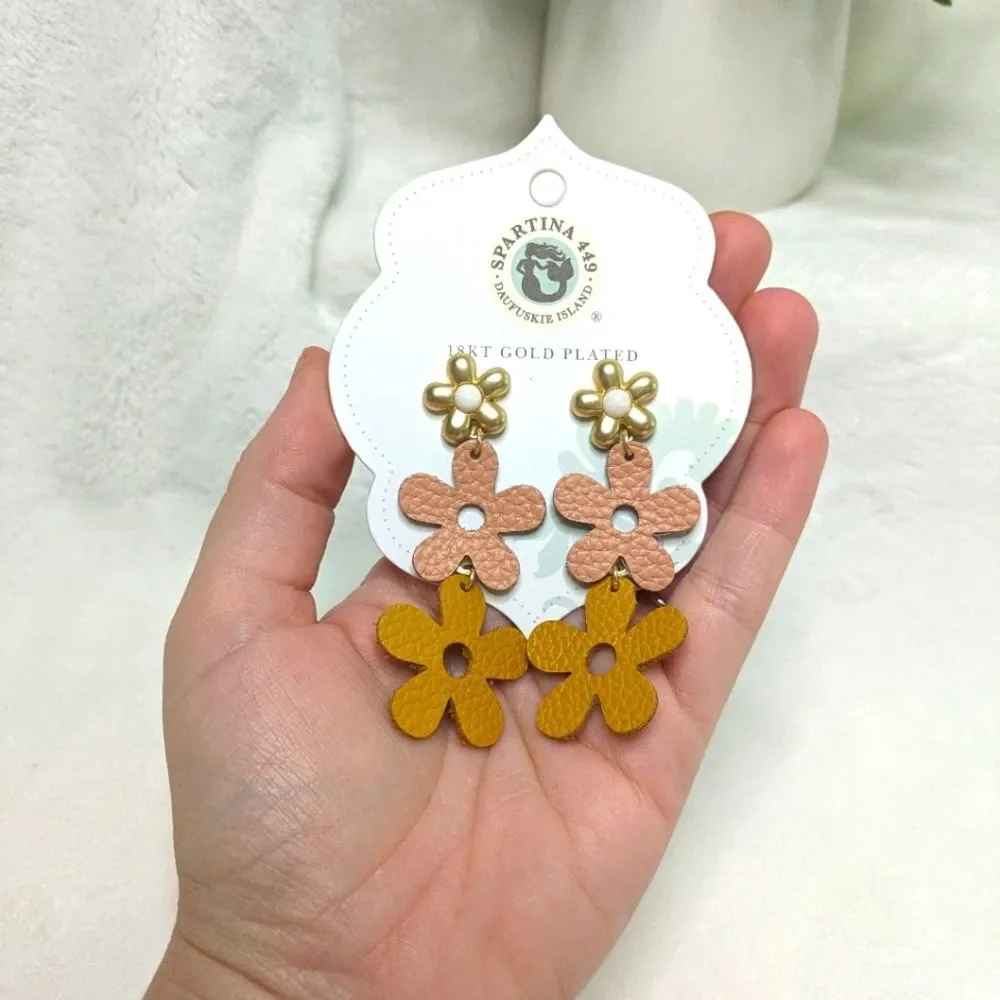 Daisy Leather Earrings Pink/Orange w/ 18kt Matte Gold Plated Studs NIB